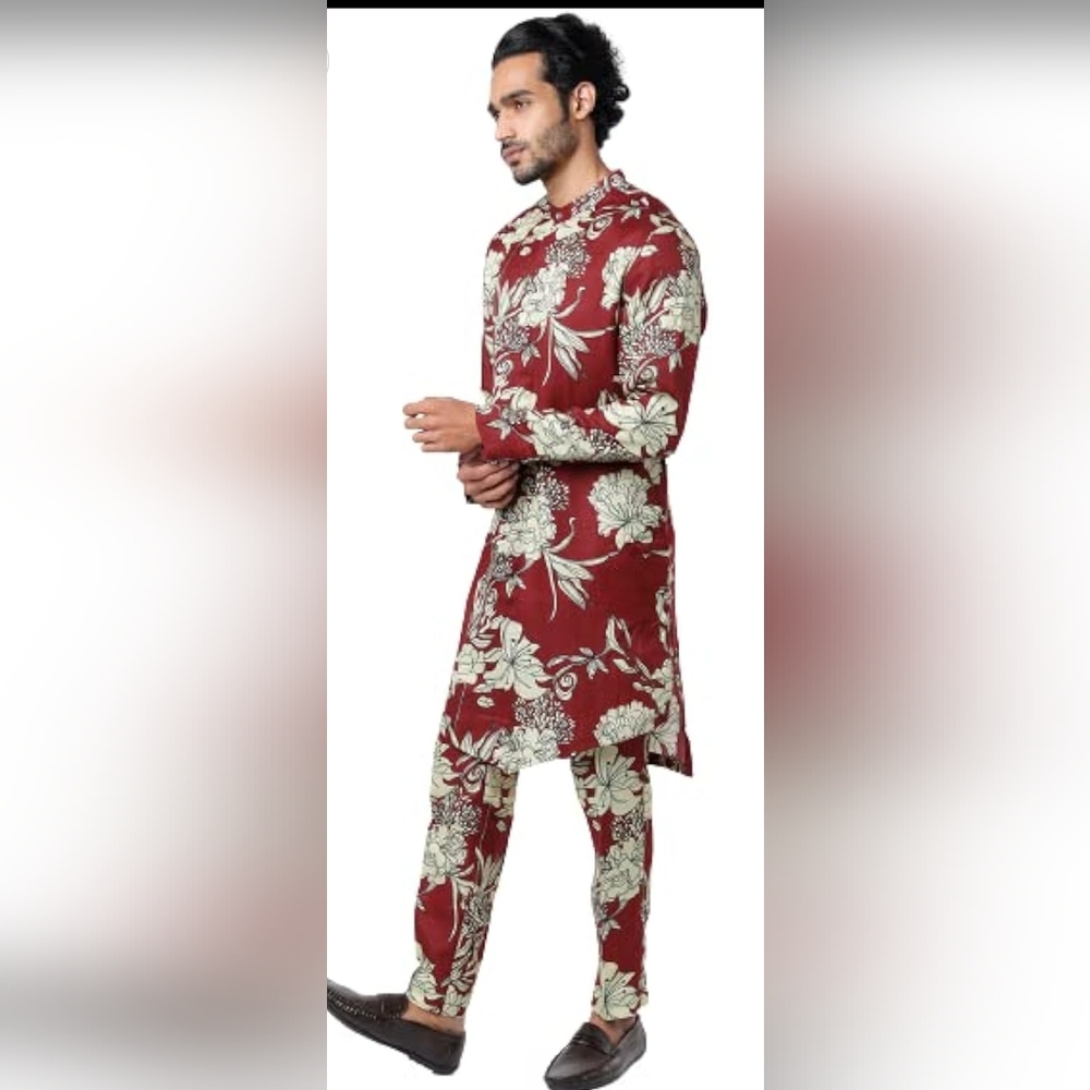 Black Cotton Satin Printed Angrakha Kurta And Pant Set from India